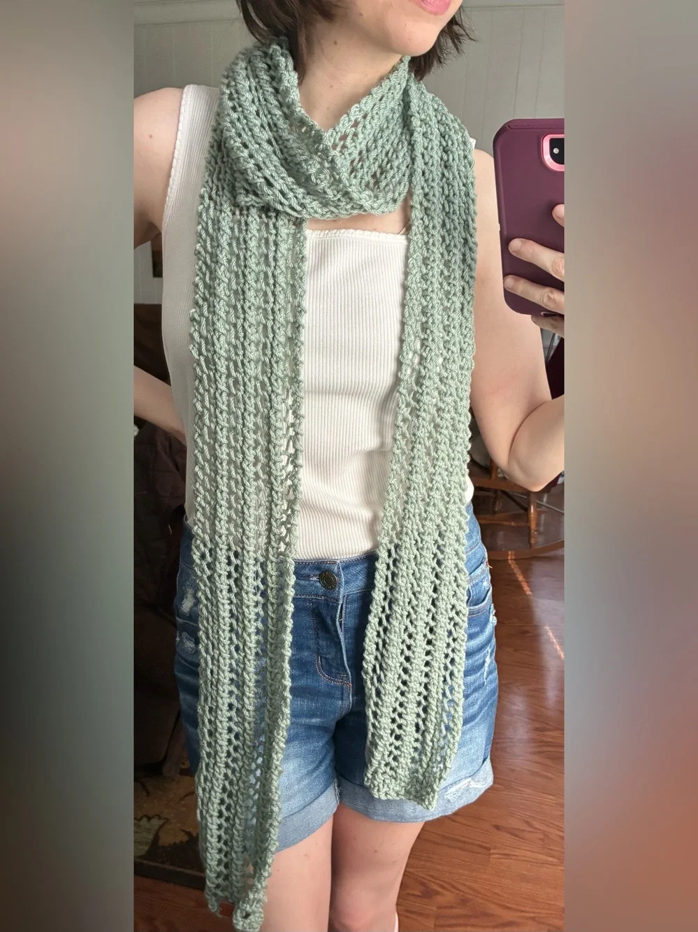 Light Sage openwork Knit Scarf - handmade vegan leather tag